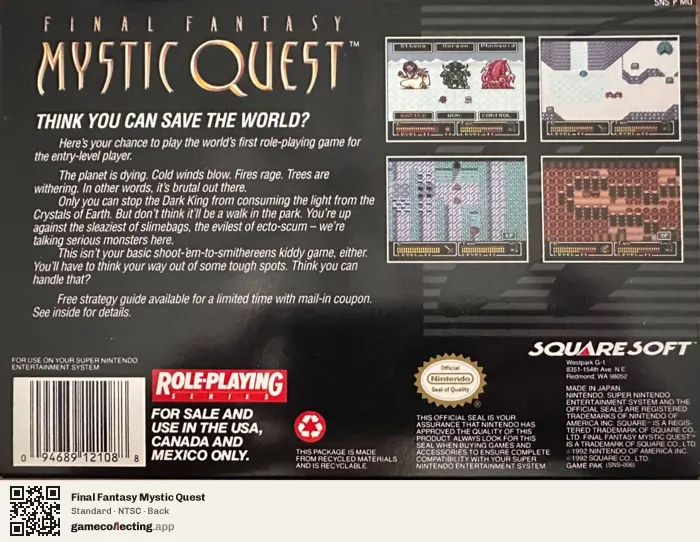 Final Fantasy Mystic Quest Super Nintendo Entertainment System, NTSC box back