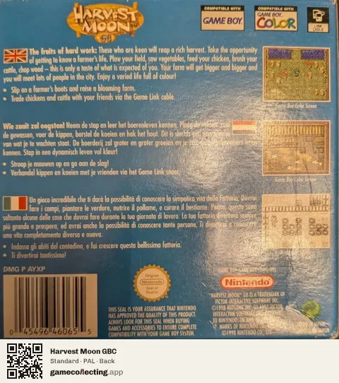 Harvest Moon GBC Game Boy Color, PAL box back