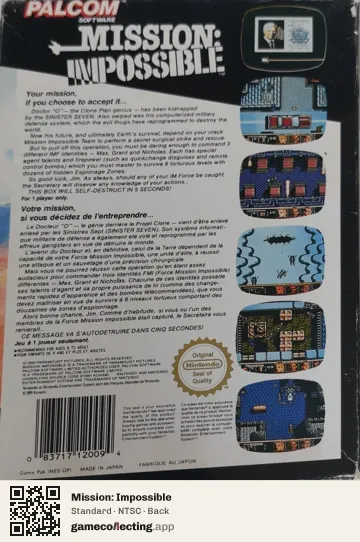 Mission: Impossible Nintendo Entertainment System, NTSC box back