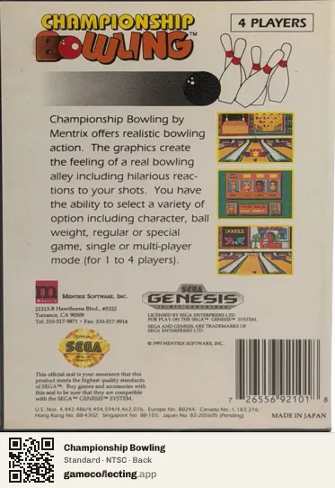 Championship Bowling Sega Mega Drive / Genesis, NTSC box back