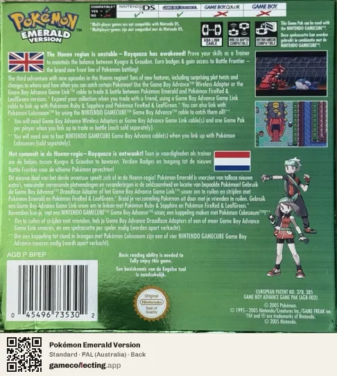 Pokémon Emerald Version Game Boy Advance, Australia box back