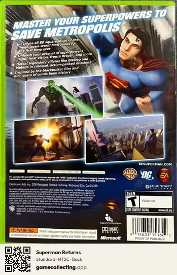 Superman Returns Xbox 360, NTSC box back