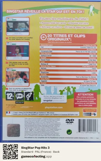 SingStar Pop Hits 3 PlayStation 2, France box back