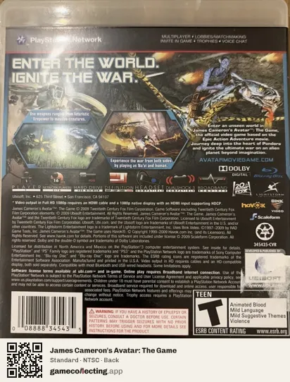 James Cameron's Avatar: The Game PlayStation 3, NTSC box back