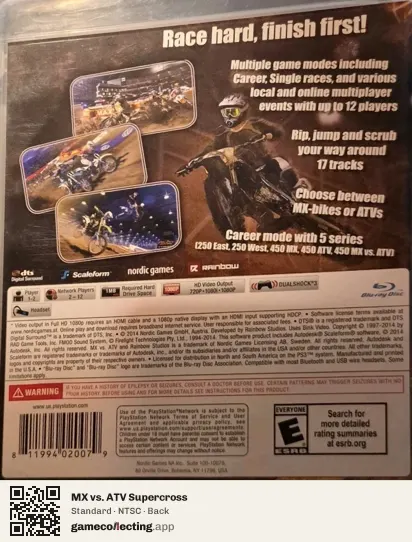 MX vs. ATV Supercross PlayStation 3, NTSC box back
