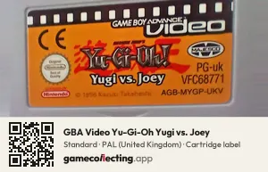 GBA Video Yu-Gi-Oh Yugi vs. Joey Game Boy Advance, PAL cartridge label