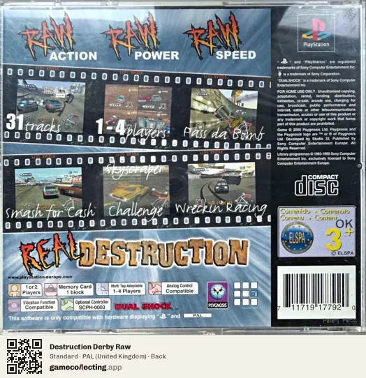 Destruction Derby Raw PlayStation, United Kingdom box back
