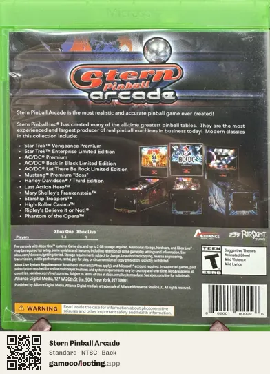 Stern Pinball Arcade Xbox One, NTSC box back