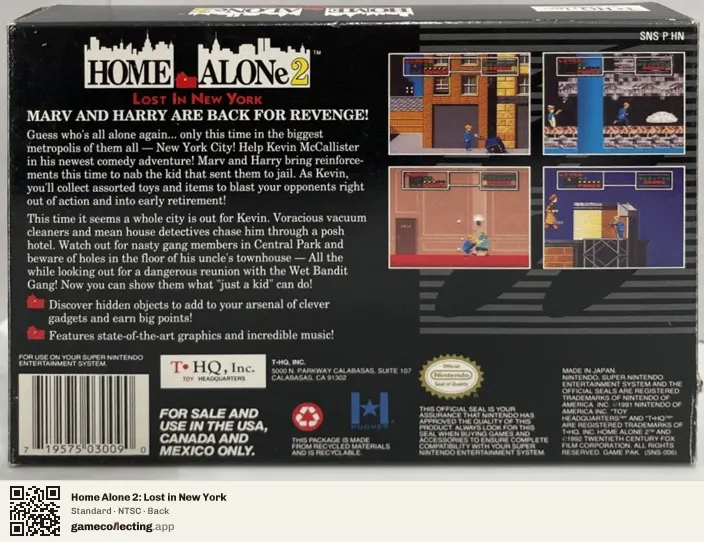 Home Alone 2: Lost in New York Super Nintendo Entertainment System, NTSC box back