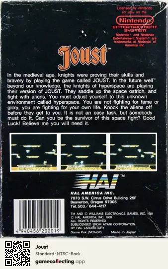 Joust Nintendo Entertainment System, NTSC box back
