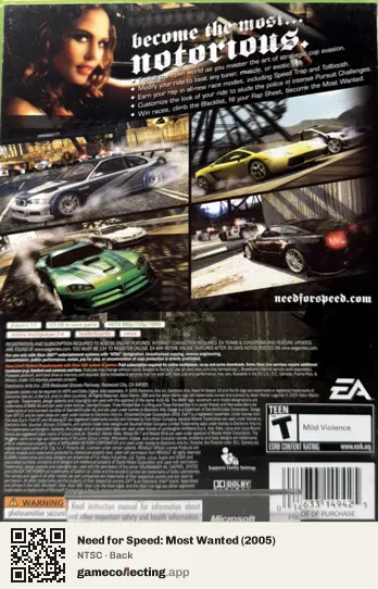 Need for Speed: Most Wanted (2005) Xbox 360, NTSC box back
