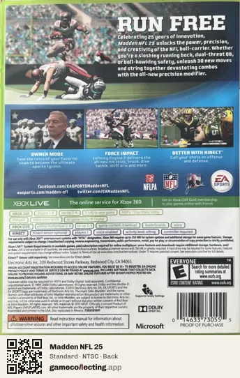 Madden NFL 25 Xbox 360, NTSC box back