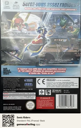 Sonic Riders Nintendo GameCube, France box back
