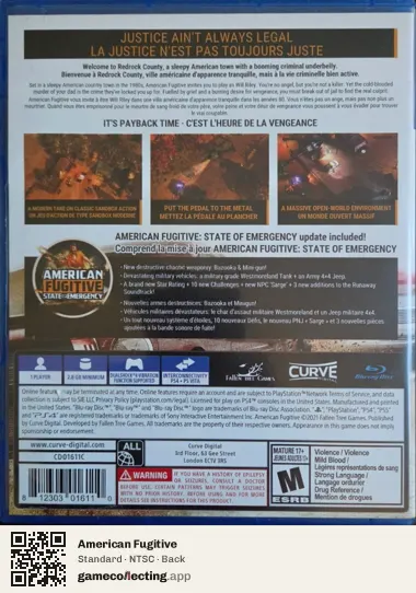 American Fugitive PlayStation 4, NTSC box back