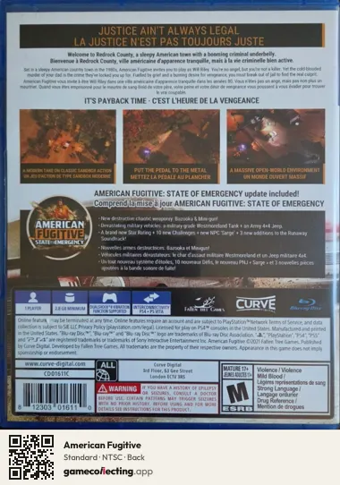 American Fugitive PlayStation 4, NTSC box back