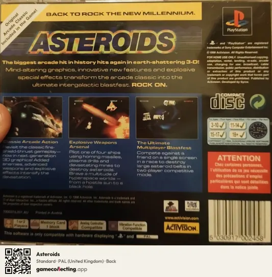 Asteroids PlayStation, United Kingdom box back