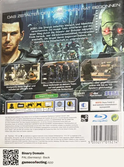 Binary Domain PlayStation 3, Germany box back