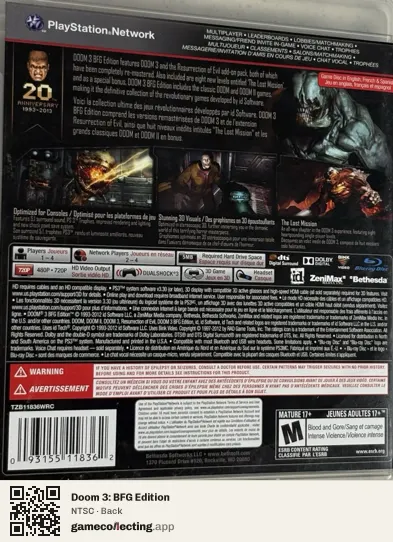 Doom 3: BFG Edition PlayStation 3, NTSC box back