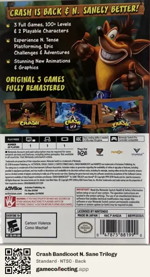 Crash Bandicoot N. Sane Trilogy Nintendo Switch, NTSC box back