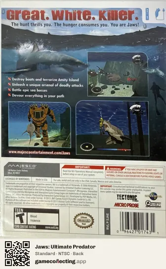 Jaws: Ultimate Predator Nintendo Wii, NTSC box back