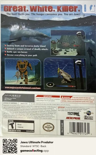 Jaws: Ultimate Predator Nintendo Wii, NTSC box back