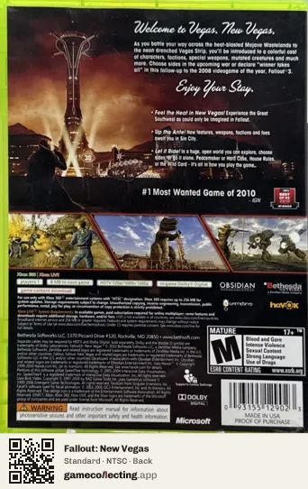 Fallout: New Vegas Xbox 360, NTSC box back