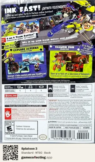 Splatoon 3 Nintendo Switch, NTSC box back