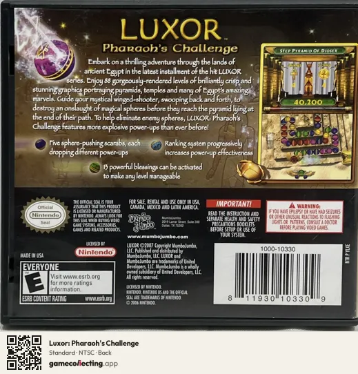 Luxor: Pharaoh's Challenge Nintendo DS, NTSC box back