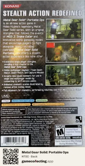 Metal Gear Solid: Portable Ops PlayStation Portable, NTSC box back