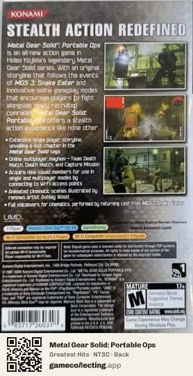 Metal Gear Solid: Portable Ops PlayStation Portable, NTSC box back