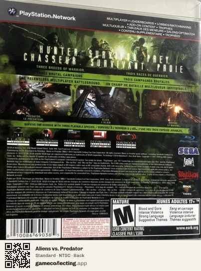Aliens vs. Predator PlayStation 3, NTSC box back