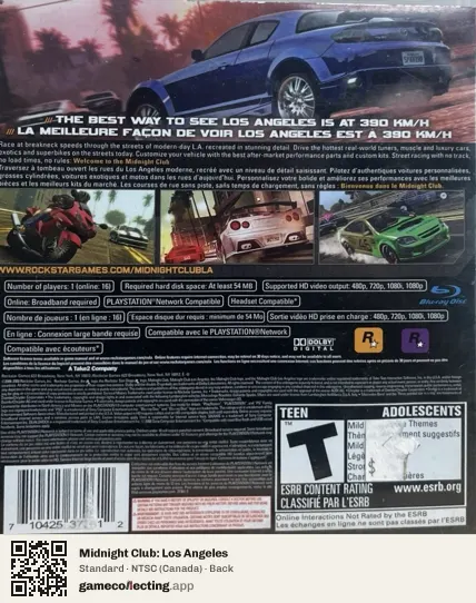 Midnight Club: Los Angeles PlayStation 3, Canada box back
