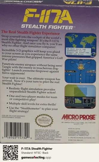 F-117A Stealth Fighter Nintendo Entertainment System, NTSC box back
