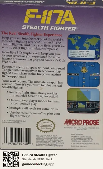 F-117A Stealth Fighter Nintendo Entertainment System, NTSC box back
