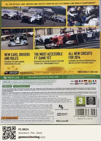 F1 2014 Xbox 360, PAL box back