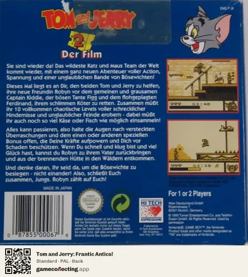 Tom and Jerry: Frantic Antics! Game Boy, PAL box back