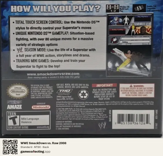 WWE SmackDown vs. Raw 2008 Nintendo DS, NTSC box back