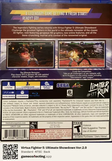 Virtua Fighter 5: Ultimate Showdown Ver.2.0 PlayStation 4, NTSC box back