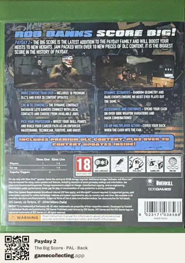 Payday 2 Xbox One, PAL box back