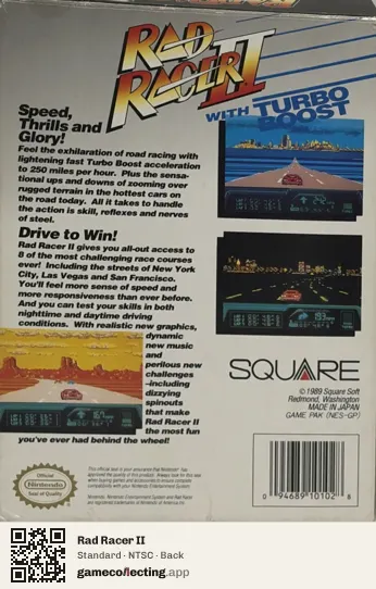 Rad Racer II Nintendo Entertainment System, NTSC box back