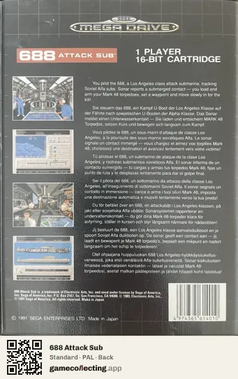 688 Attack Sub Sega Mega Drive / Genesis, PAL box back