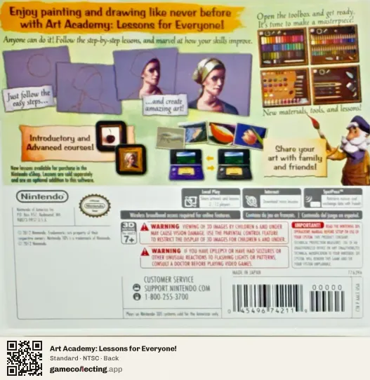 Art Academy: Lessons for Everyone! Nintendo 3DS, NTSC box back