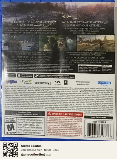 Metro Exodus PlayStation 5, NTSC box back