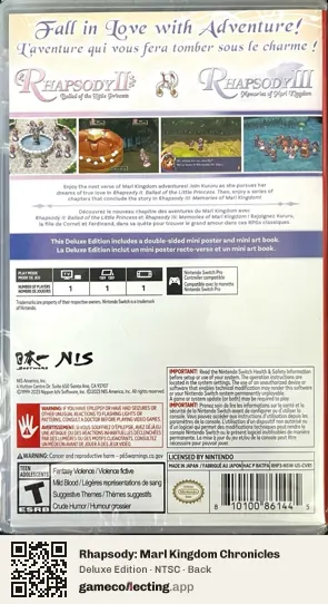 Rhapsody: Marl Kingdom Chronicles Nintendo Switch, NTSC box back