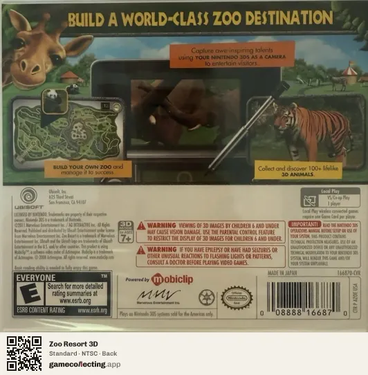 Zoo Resort 3D Nintendo 3DS, NTSC box back