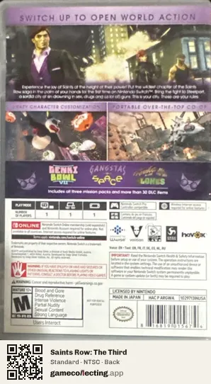 Saints Row: The Third Nintendo Switch, NTSC box back