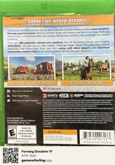 Farming Simulator 19 Xbox One, NTSC box back