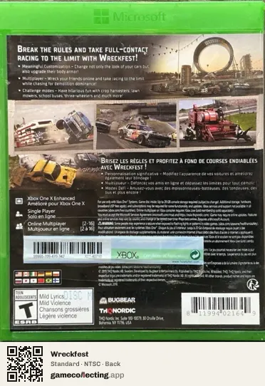 Wreckfest Xbox One, NTSC box back