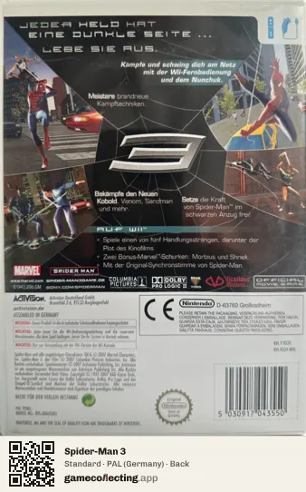 Spider-Man 3 Nintendo Wii, Germany box back