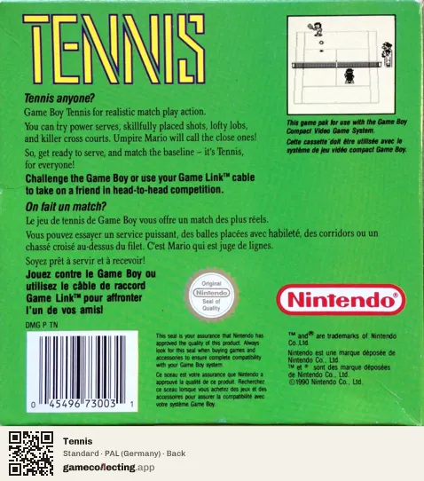 Tennis Game Boy, Germany box back